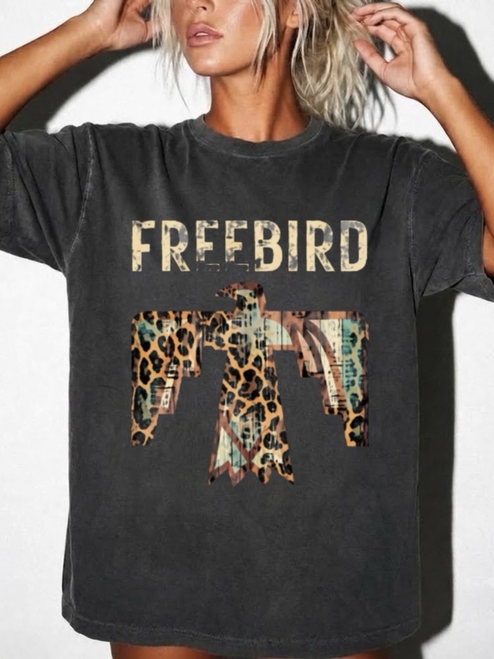 Freebird Western Thunderbird Leopard Comfort Colors Graphic Tee Rock Music Tee